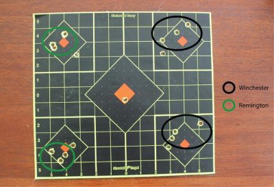 My best groups with both loads (the additional holes are from my testing the scope’s tracking). 