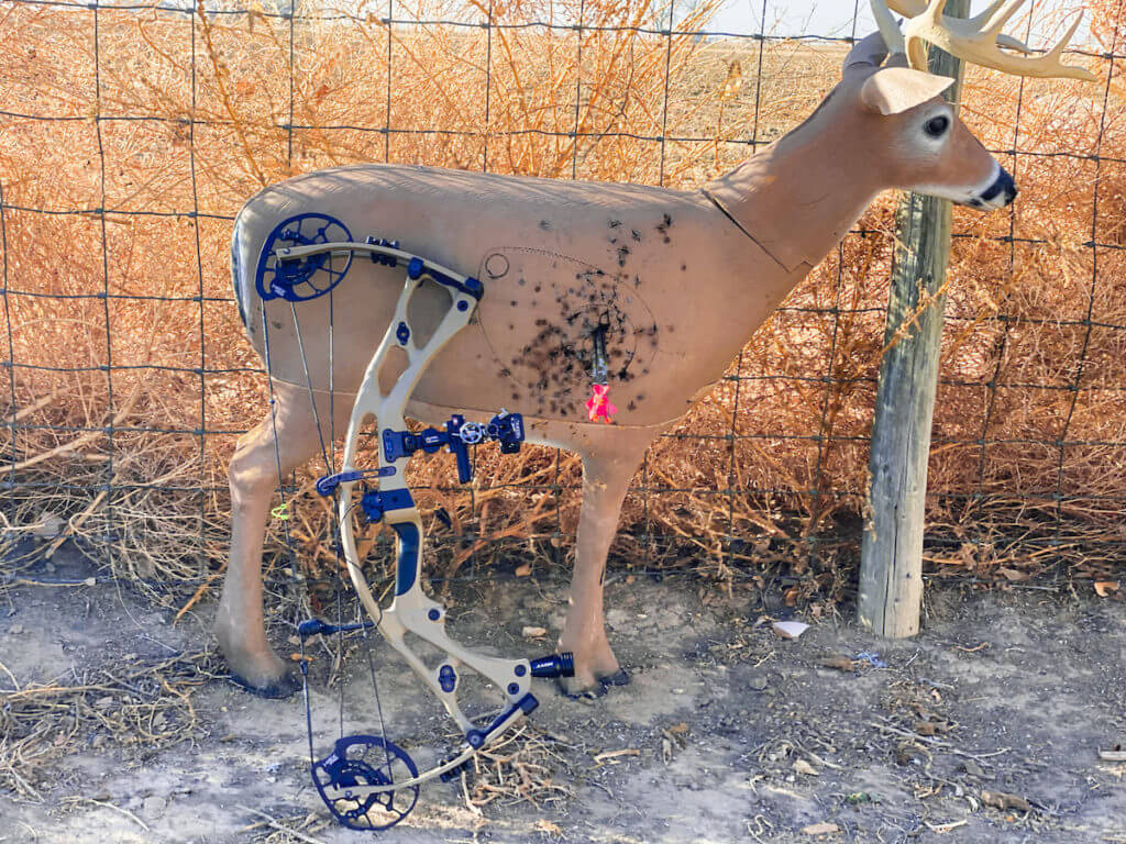 archery practice target with blue and tan bow