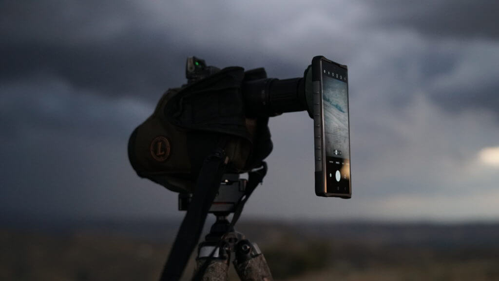 Spotting scope with phone attached with On Glass Spotting Scope Adapter. 